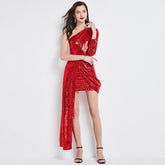 Long Sleeves Sequined Sheath Fashion Hi Low Party Prom Gown
